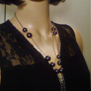 8 1/2" LENGTH SILVER NECKLACE with 13 BEAUTIFULLY SPACED BLACK WOOD BEADS